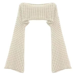 Y2K Crochet Cropped Knit Sweater, Crew Neck Flared Sleeve Black Summer Sweater